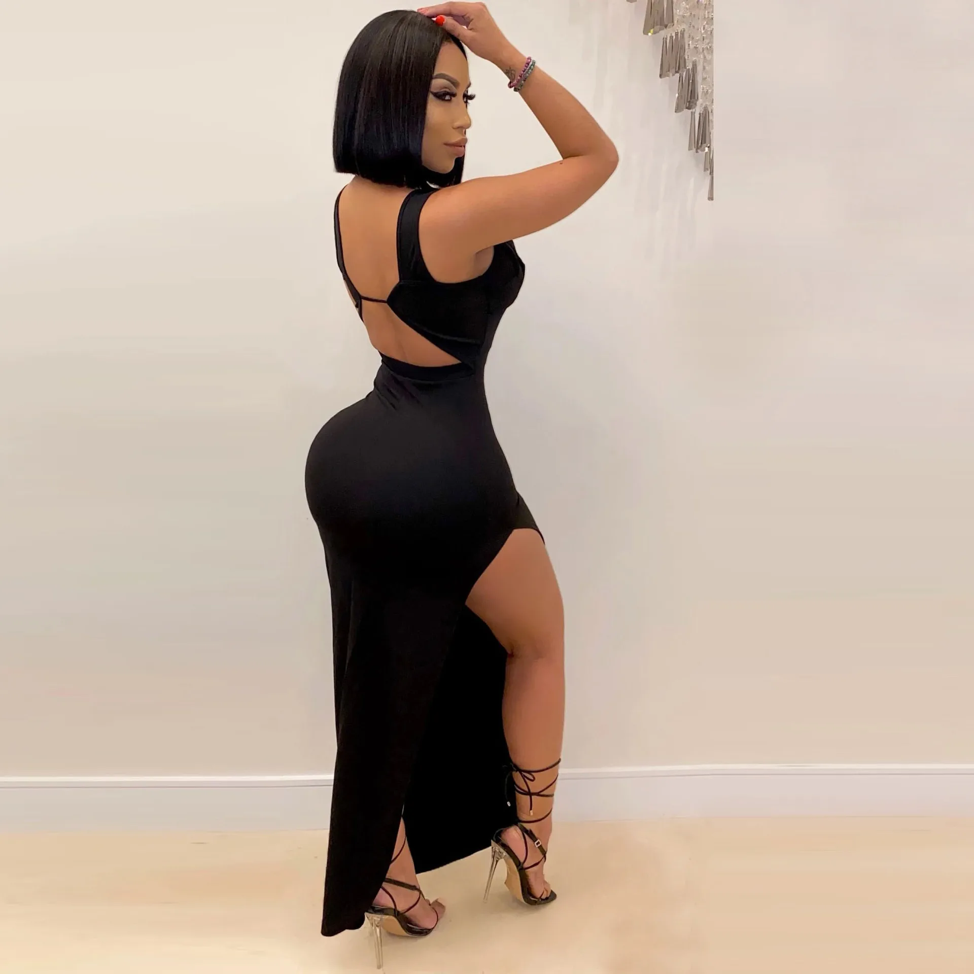 

Night Club Party 2021 Newest Solid V-Neck Spaghetti Strap Side Split Backless Sexy Lady Bodycon Ankle Length Dress Real Picture