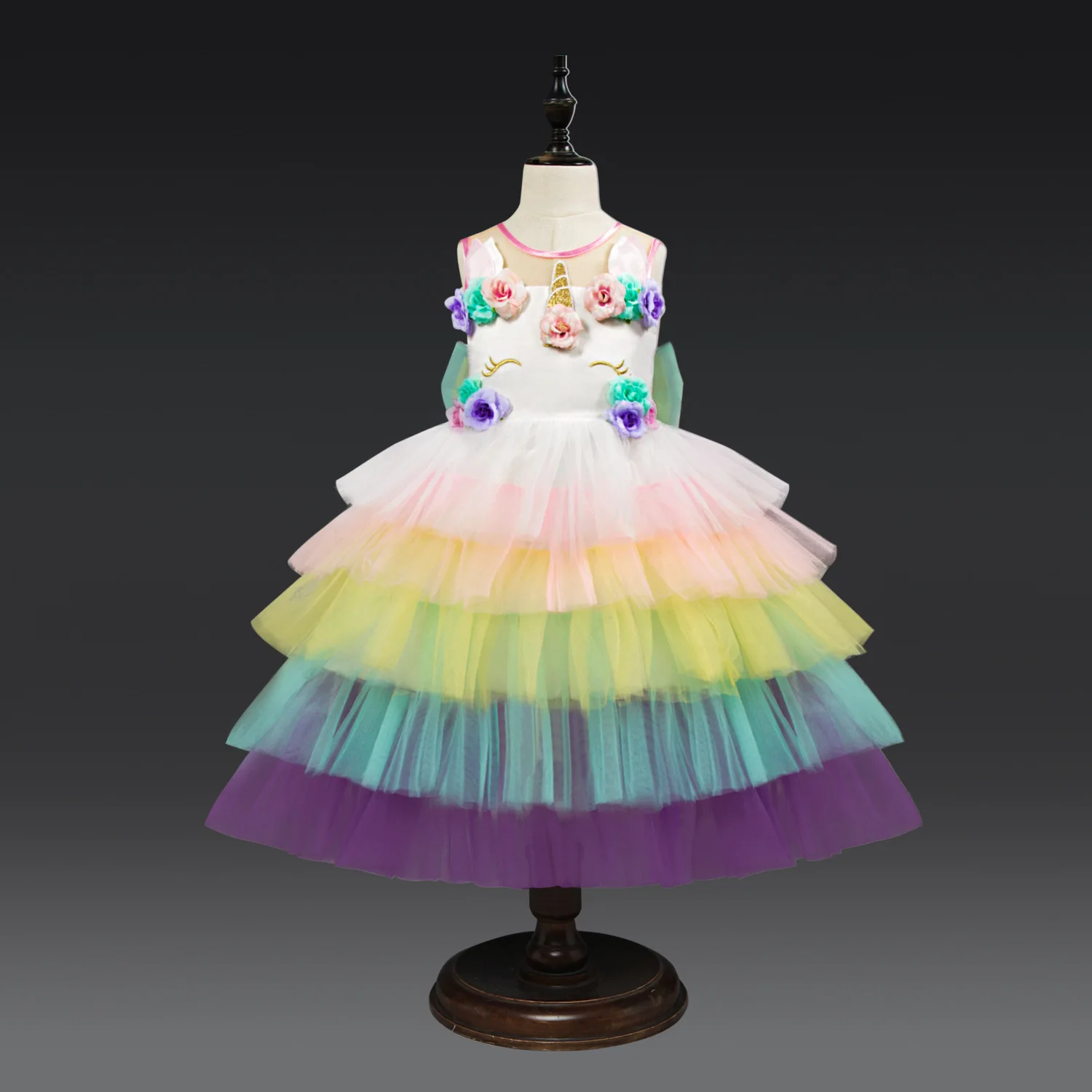 

New Four Seasons Girl Crew Neck Sleeveless Tulle Flowers Bow Lace Europe America 2021 Photo Color Western Style Princess Dress