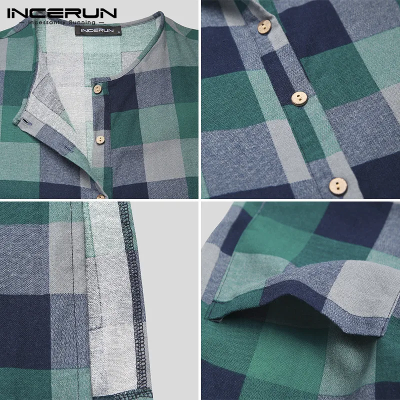 

Mens Long Sleeve O Neck Jubba Thobe INCERUN Cotton Plaid Muslim Robe Pockets Arabic Dashiki Robes Buttons Islamic Clothing S-5XL
