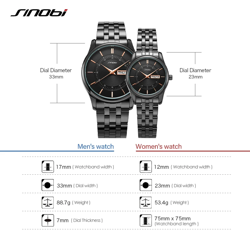 SINOBI 2021 Fashion Luxury Couple Watches Lovers Goldren Black Women Watches Waterproof Men's Watches Lover relogios masculinos
