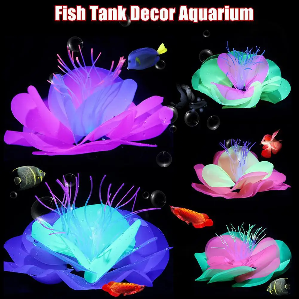 

Aquarium Artificial Simulation Soft Silicone Fluorescent Flower Fish Tank Decoration Aquatic Water lily Plant Coral Ornaments