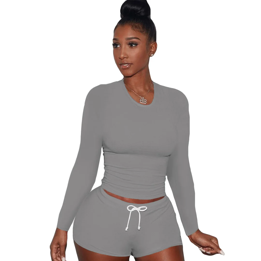 

New Style Women Sexy Fashion Set Casual Solid Color Long Sleeves Tight Elastic Sport O-neck Top Leisure Two Piece Set