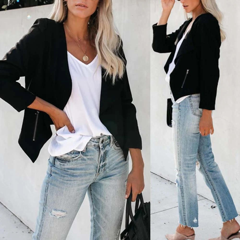 Женская мода осень сплошной цвет лацканы с длинным рукавом Куртка пальто на