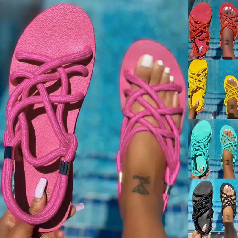 

2021Summer Sandals Woman Shoes Braided Rope Beach Shoes Open Toe Ladies Beach Sandals Roman Gladiator Sandals Non-slip Flip Flop