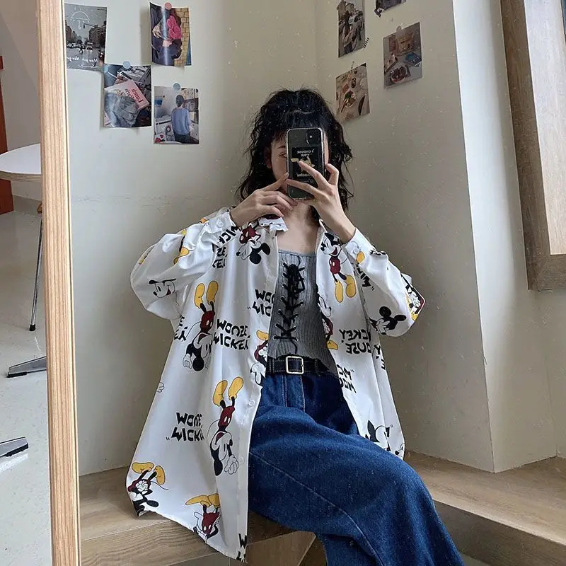 

Disney Cartoon Doodle Fashion Shirt Women Designer Mickey Vintage Blouse Female Harajuku Street Spring Autumn White Shirts Tops