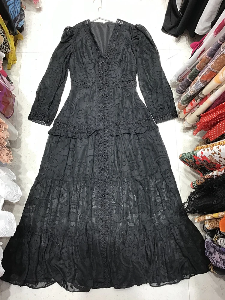 

Free shipping heavy crafts applique V-neck single-breasted multi-level frills loose big hem dress ladies autumn new style