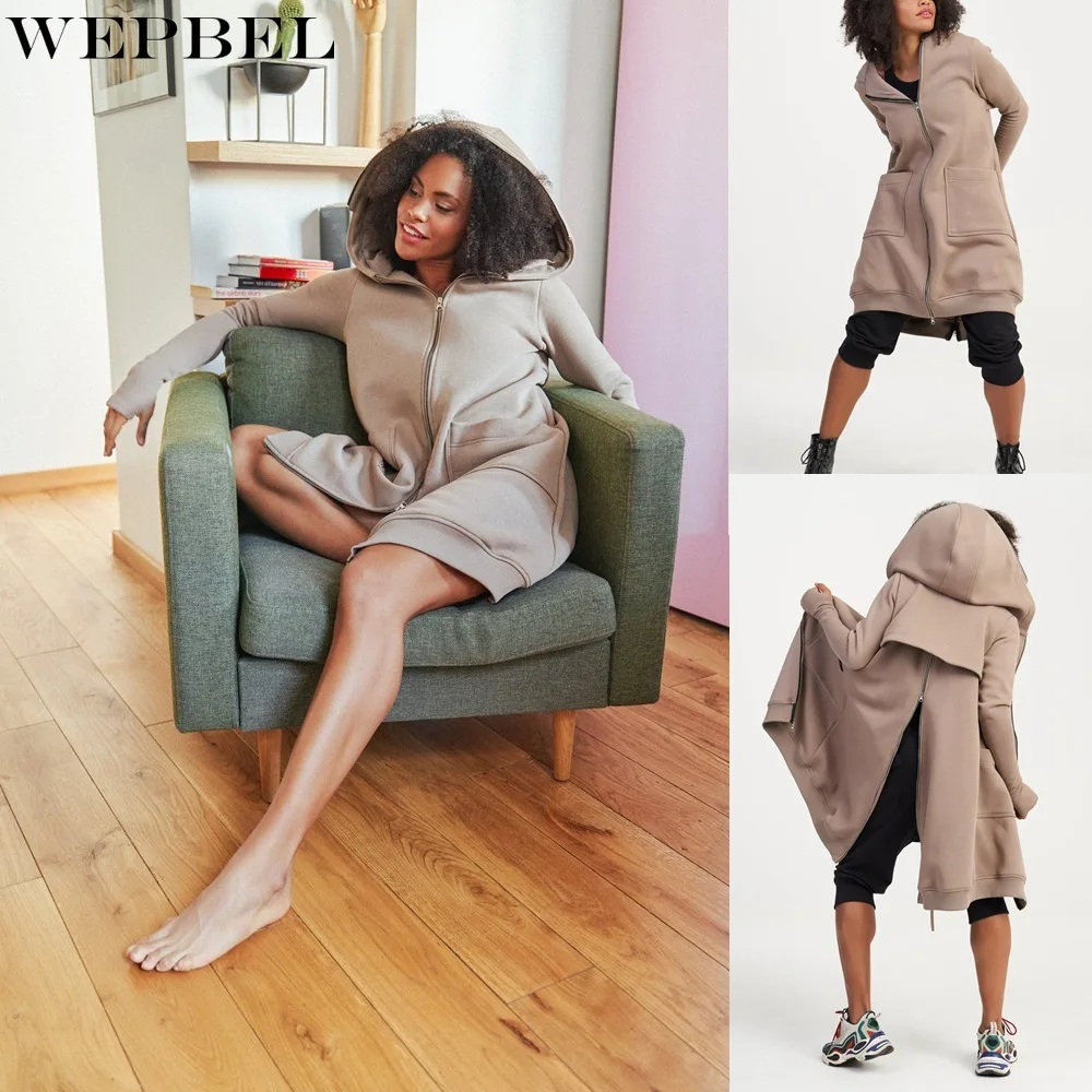 

WEPBEL Coat Sweatshirts Women's Casual Loose Pockets Hooded Jacket Autumn Long Sleeve Zipper Stitching Irregular Sweatshirts