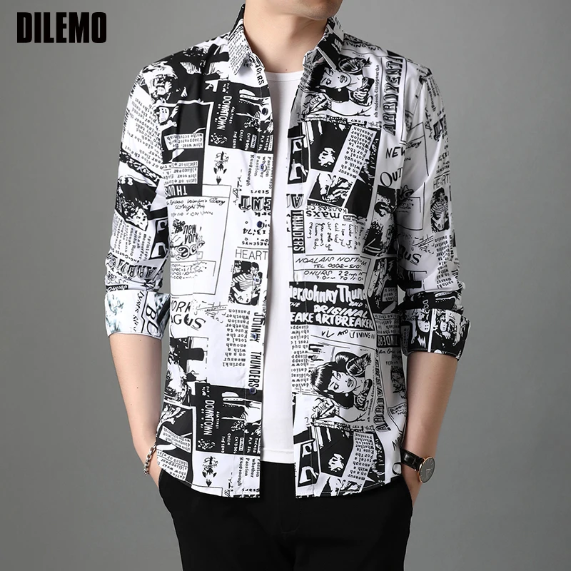 

High Quality New Fashion Brand Slim Fit Floral Long Sleeve Classic Designer Flower Shirt Men Casual Korean Dress Clothes