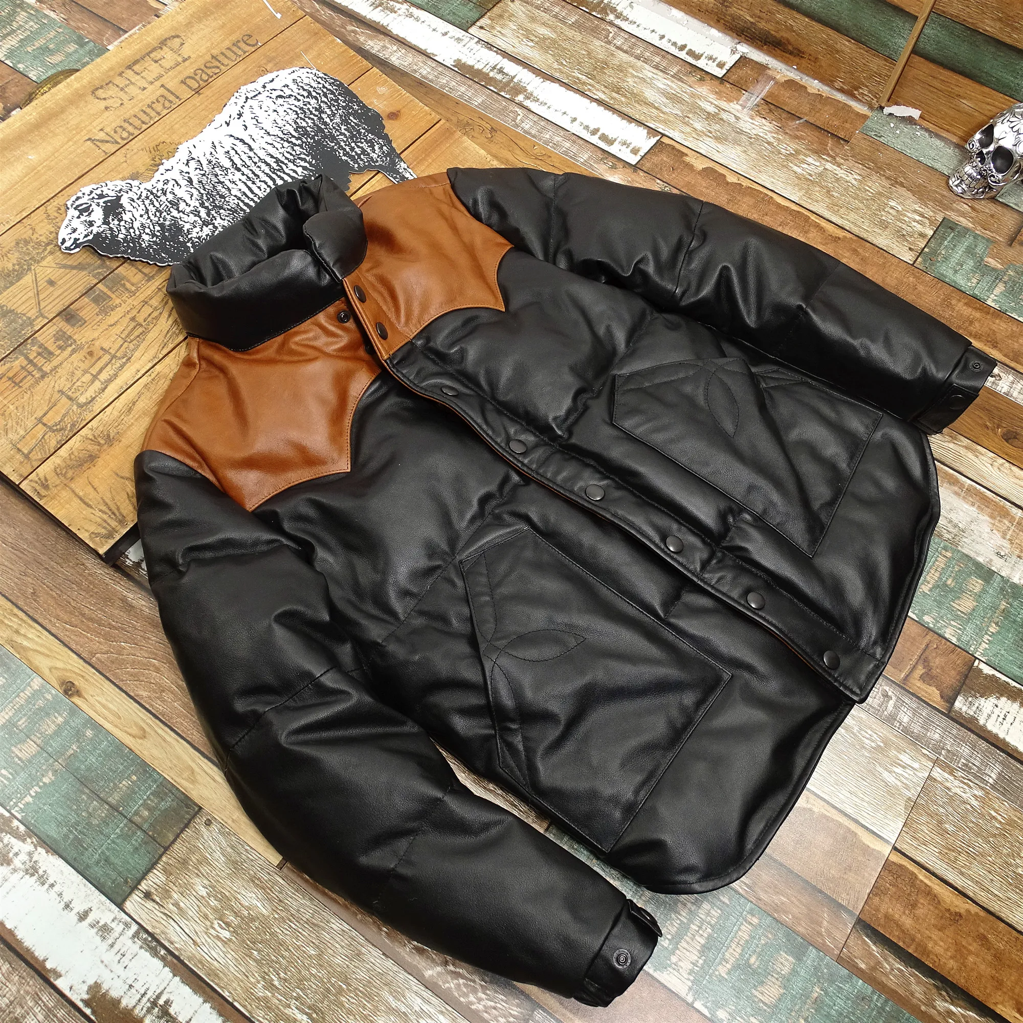 

2021 Black Japan Casual Style Genuine Leather Down Jacket Plus Size 4XL Real Natural Thick Cowhide Winter Warm Spliced Coat