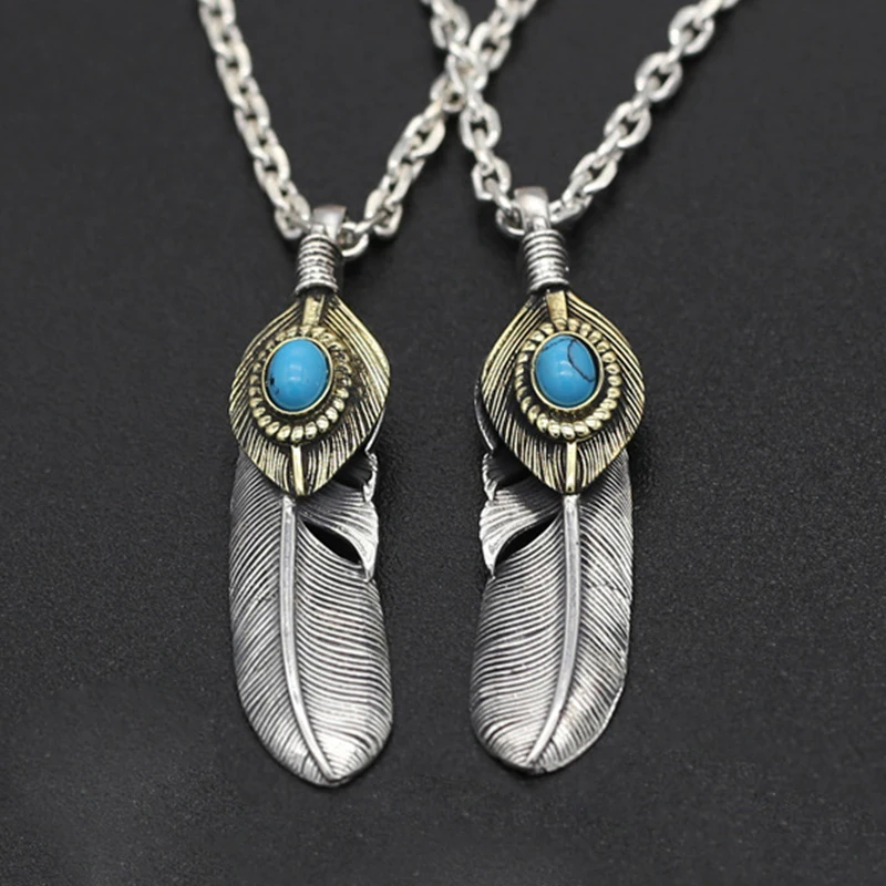

S925 Sterling Silver Jewelry Vintage Thai Silver Personality Handmade Turquoise Eagle Feather Pendant