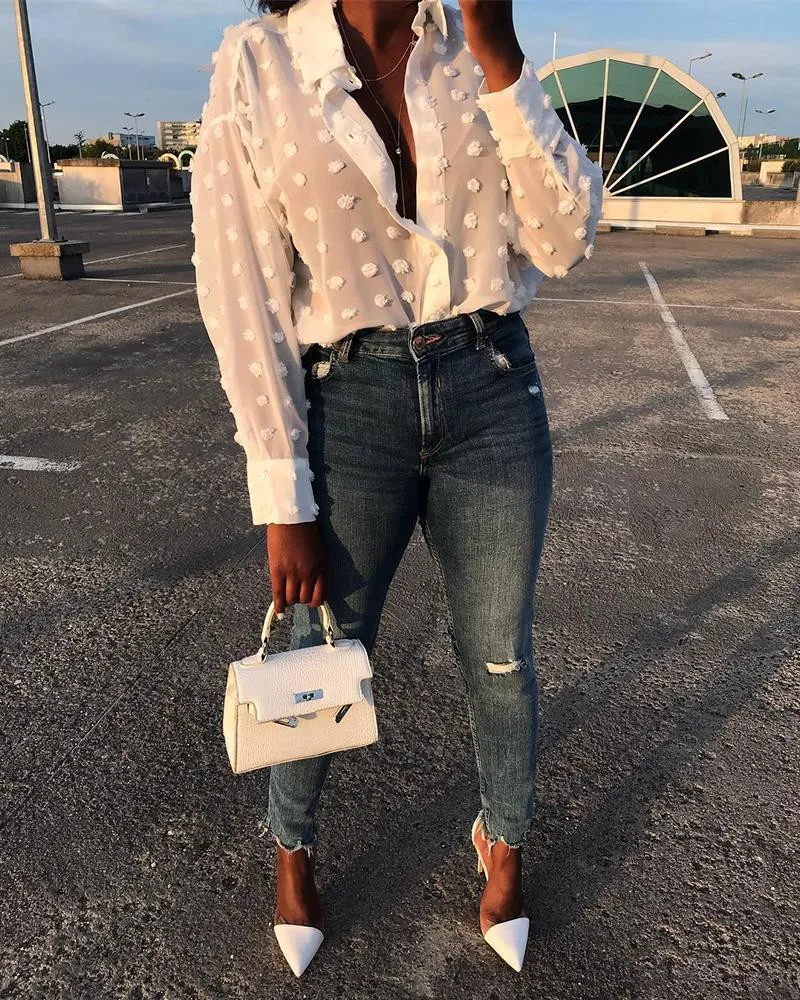 Женская Повседневная рубашка в горошек с длинным рукавом |