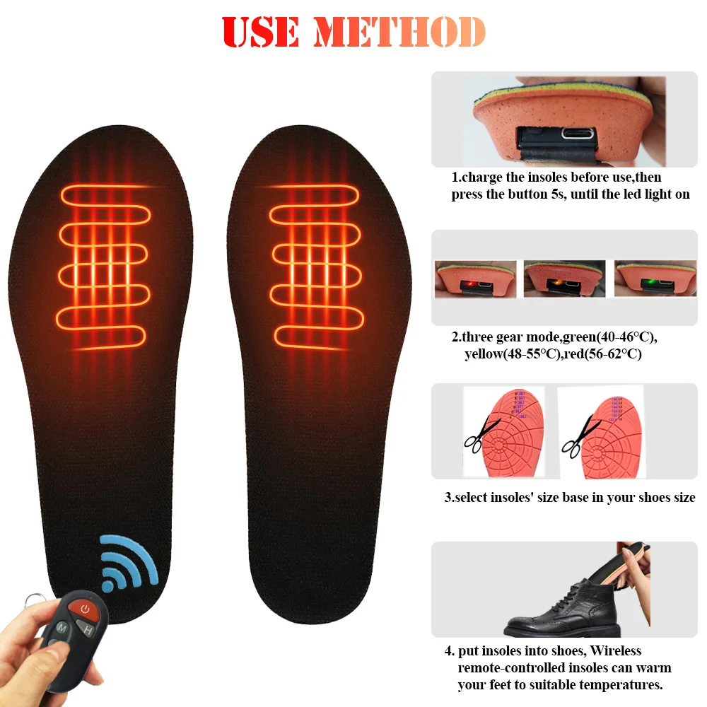 Winter Foot Warmer Heated Insoles Breathable Height Increase Shoes Pads Electric Recharge Thermal Shoes Insert for Winter Sports
