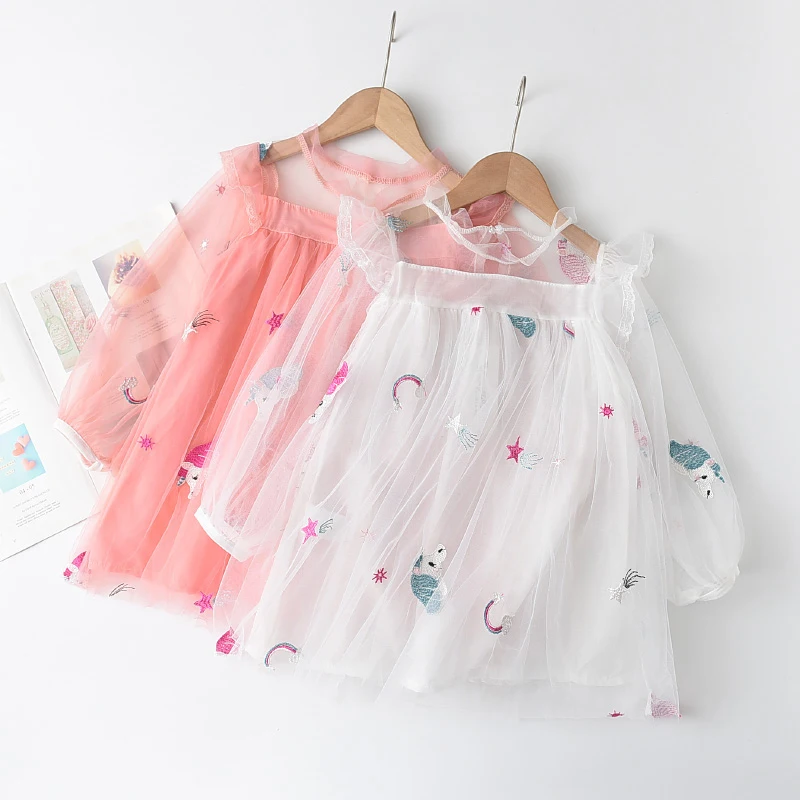 

Girl Princess Dress 2021 Summer Baby Mesh Dresses Cute Cartoon Unicorn Children Clothes Embroidery Kids Girls Vestidos 2-6Y