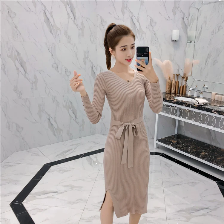2019 осенне-зимнее женское платье-свитер эластичное Повседневное трикотажное
