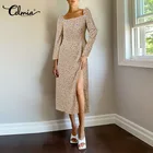 Женское винтажное платье Celmia, осень 2022, пикантный сарафан с высоким разрезом, повседневное длинное платье с квадратным вырезом, халаты