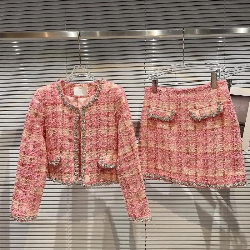 

2021 Winter New Sweet Drop-Shaped Diamond Edge Tweed Coat Sheath Skirt Suit
