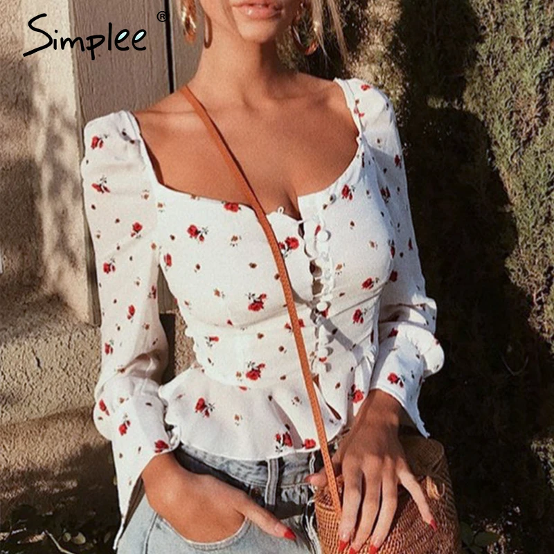 Женская белая рубашка Simplee с рюшами, винтажный дутый топ с баской, шифоновая блузка с прямоугольный вырезом, принтом и длинными рукавами на лето