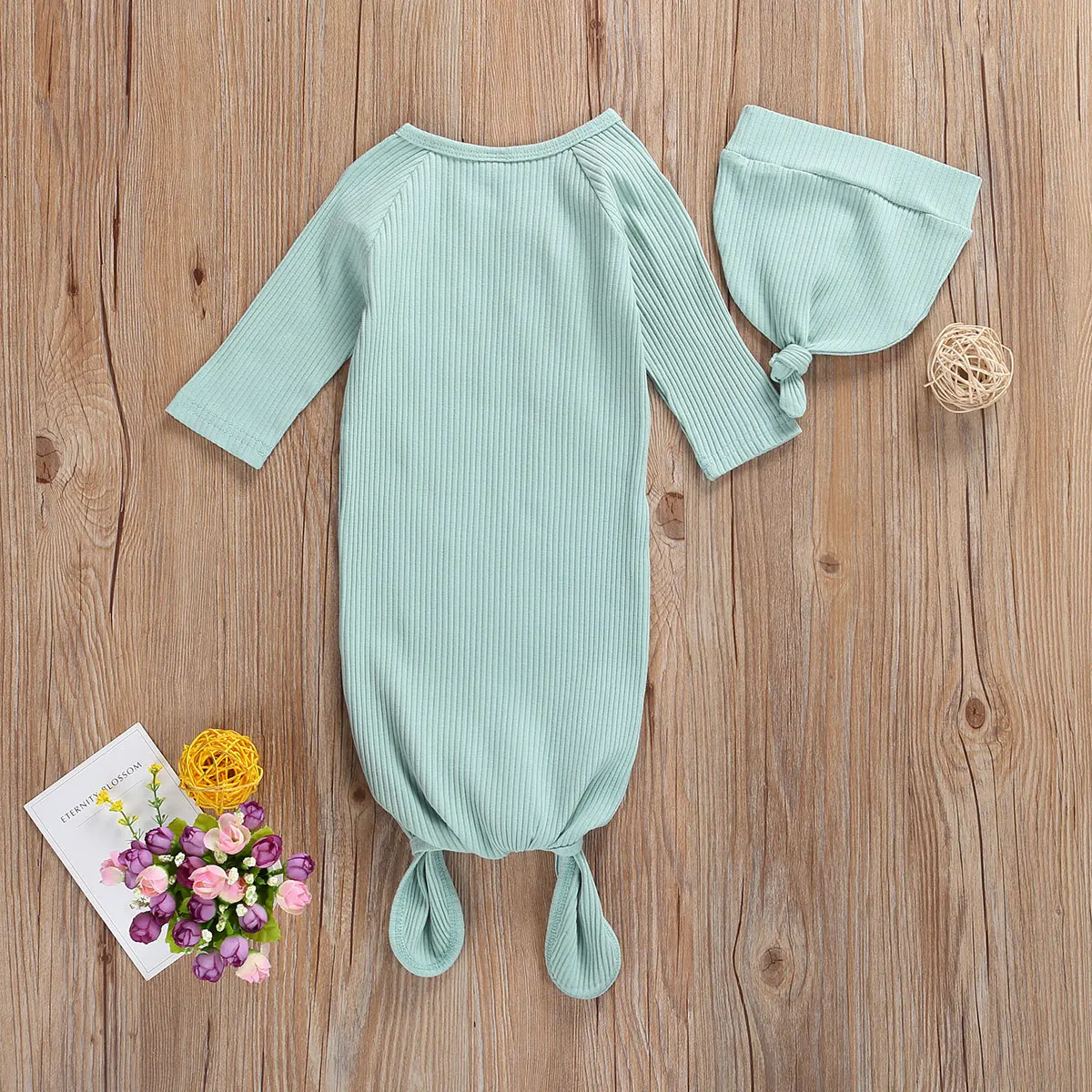 

Newborn Baby 0 3 Months Boys Girls Fall Sleeping Bags + Hat Solid Color Knited Long Sleeve Sleepwear Cotton Nightwear 2pcs Set