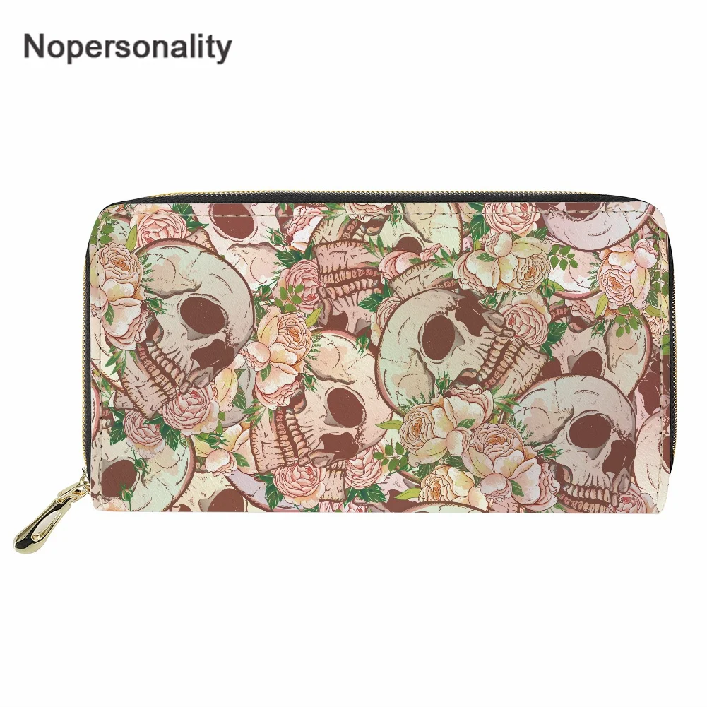 

Nopersonality Leather Long Wallet Rose and Skull Design Woman High Quality Zipper Purse DIY Banknotes Clutch Card Holder Bag