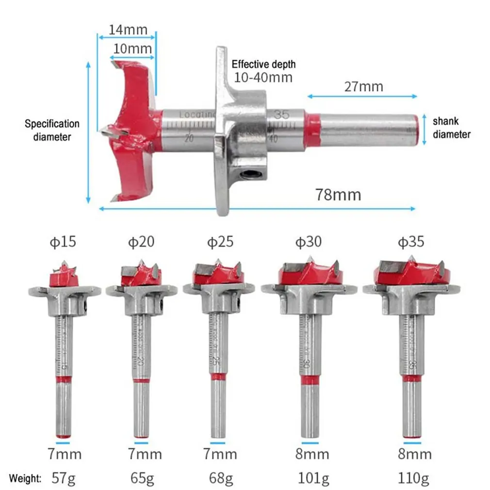

Cabinet Hinge Open Hole Saw, Drill Bit Tool , Electrical Drilling Tools 15mm-35mm Adjustable Woodworking Red