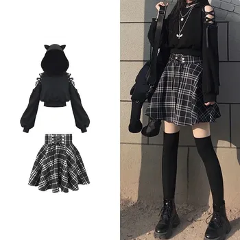 Black Japanese sweet girl raw cute cat ears hooded sweater high waist skirt spring suit two-piece women's clothing 1