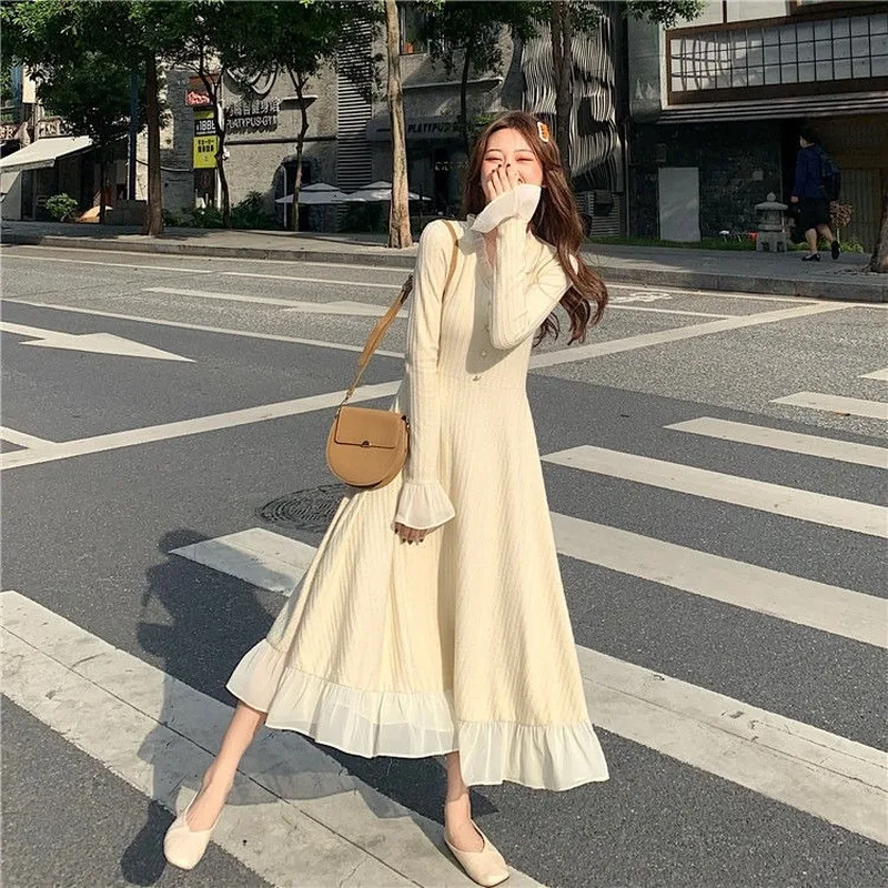 

QWEEK 2021 Fashion Korean Knitted Dress Elegant Party Fairy Black Dresses For Women Japanese Sweets Lace Long Sleeve Midi Dress