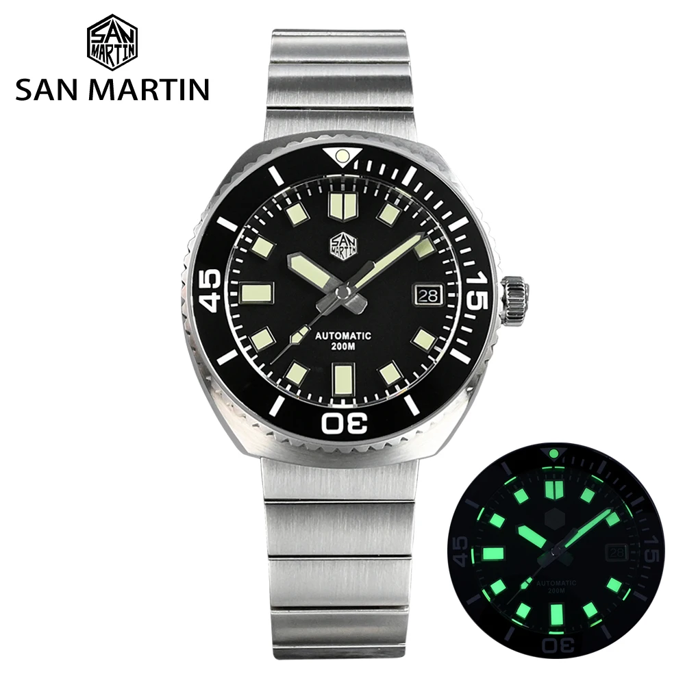 

Мужские часы San Martin, оригинальный дизайн, черный циферблат, керамическая рамка, ретро браслет из нержавеющей стали, автоматическое движение,...