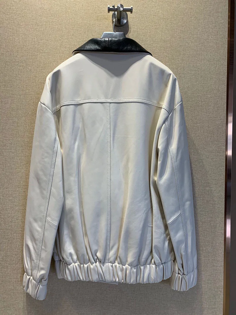 Spring Autumn New Designer Women's High Quality Genuine Leather coat Chic V-neck leather jackets C943