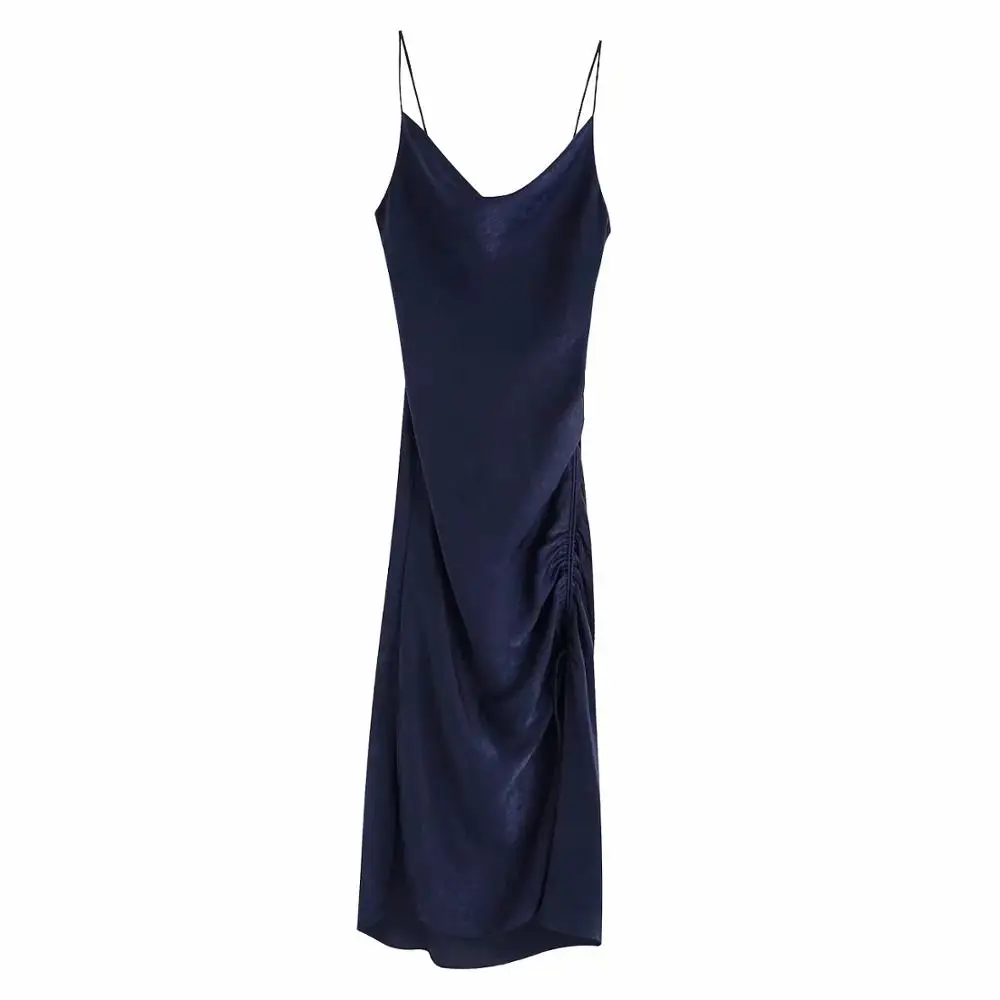 Withered england elegant satin strapless spaghetti sexy party dress women vestidos vestidos de fiesta de noche maxi dress blazer - Цвет: navy
