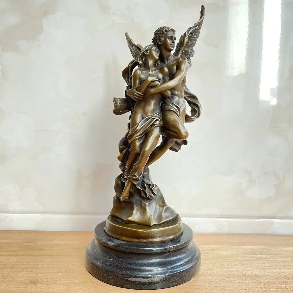 

35CM Cupid and Psyche Bronze Statue Couple Love Sculpture Antique Greek God Art Anniversary Gift Ornament
