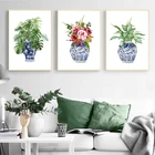 Китайский цветочный горшок с художественной печатью, сине-белый фарфор, китайская ваза мин, Настенная картина на холсте, постер, Цветочный декор для гостиной