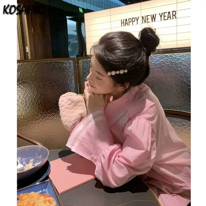 

KOSAHIKI Retro Striped Puff Long-sleeved Shirt Female 2021 Spring Summer Pink Blouse Korean Chic All Match Tops Elegant Blouses