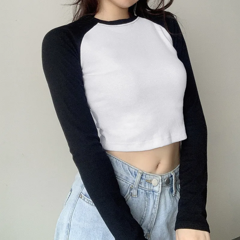 

Женский сексуальный укороченный топ, длинный рукав, круглый вырез, облегающий реглан, короткая блузка на лето и осень