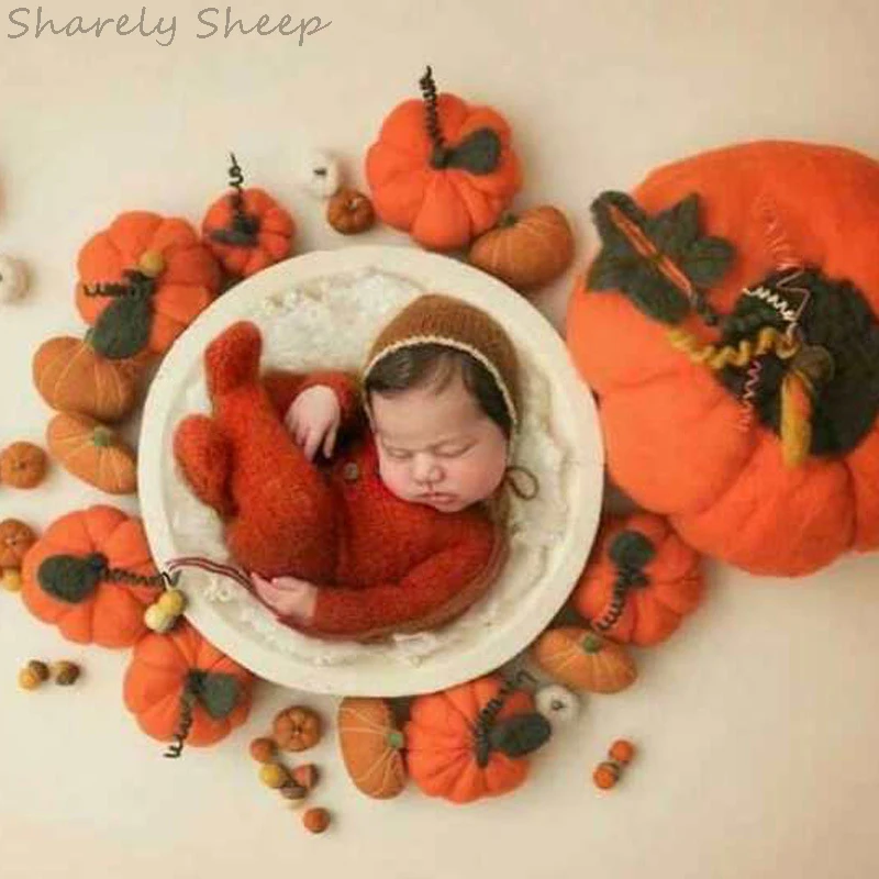 Newborn Photography Halloween Pumpkin Background+Wool Blanket Set Infant Baby Photo Shoot Basket Backdrops fotoshooting Prop