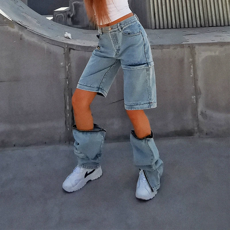 2021 Spring Autumn Women Dectable Jeans Zipper Design Hip Hop Streetwear High Waist Vintage Washed Blue Deniom Long Pants