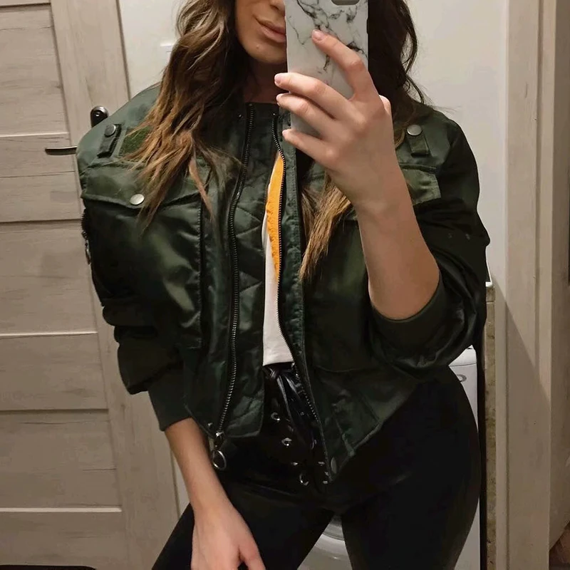 Повседневная Уличная одежда шикарный армейский зеленый Бомбер женские куртки