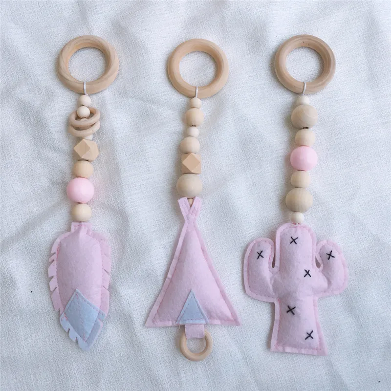 Nordic Wood Bead Garland Toy Kids Room Wall Decor Baby Gym Sensory Ring-pull Toys Play Tent Ornament Cloud/Feather/Star