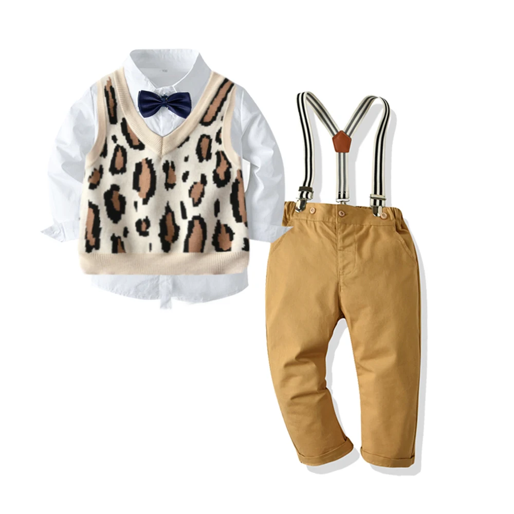 2019 Baby Spring Autumn Clothing Toddler Kid Boy Leopard Vest +Longsleeve Bow Tie Shirts +Overeall Pants Gentlemen Set 2-5T | Детская