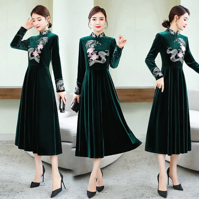 M-XXXXL vrouwen jurk; коллекция года; сезон осень-зима; китайский стиль; Национальный стиль; женский Улучшенный Чонсам; большие размеры