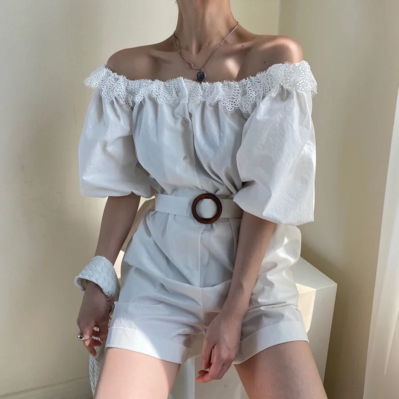 

ZHISILAO New Off Shoulder High Waist Overalls Puff Sleeve Shorts Vintage Solid Mini Jumpsuit Shorts with Belt Summer 2021
