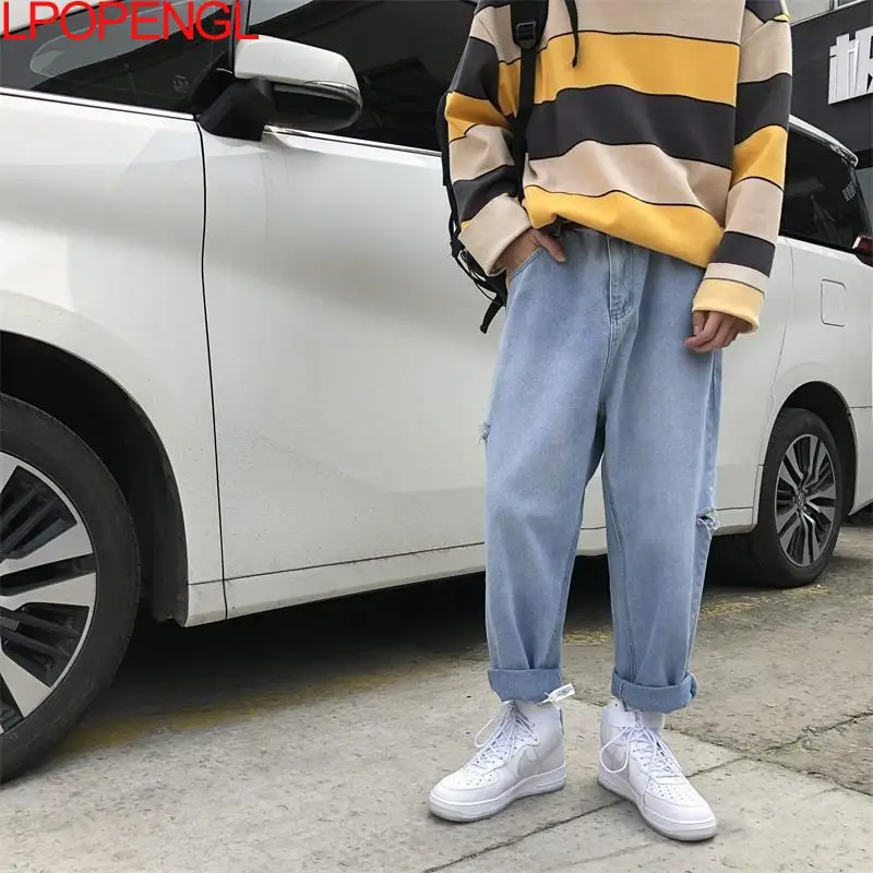 

Autumn Women High Waist Wide Leg Pants 2021 Fashion Harajuku Men Women Ripped Pants Street Apparel Full Length Mom Wasshed Pants