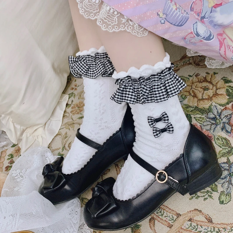 

Japanese Women Lolita Kawaii Sock Summer 100% Cotton Bubbles Stockings Lace Bowknot Sweet Lolis Girls Gift Cosplay JK Uniform 02