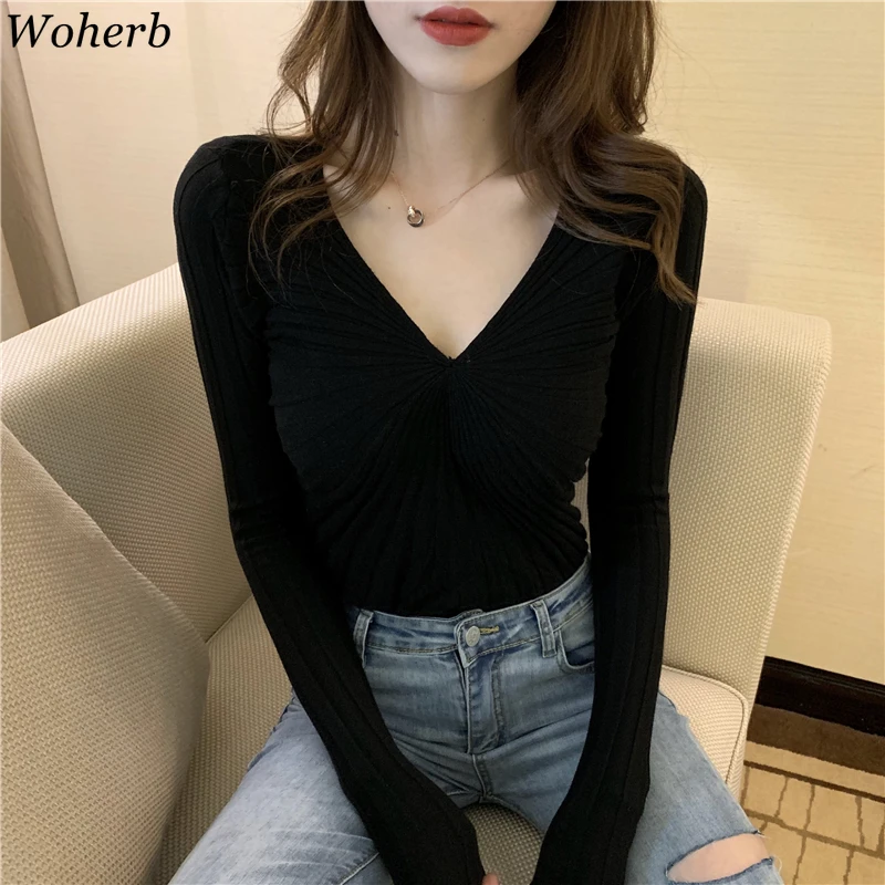 Woherb Pull Femme v-образный вырез длинный рукав тонкий пуловер сплошной цвет сексуальный тонкий корейский женский свитер модные новые осенние Джемперы 90917