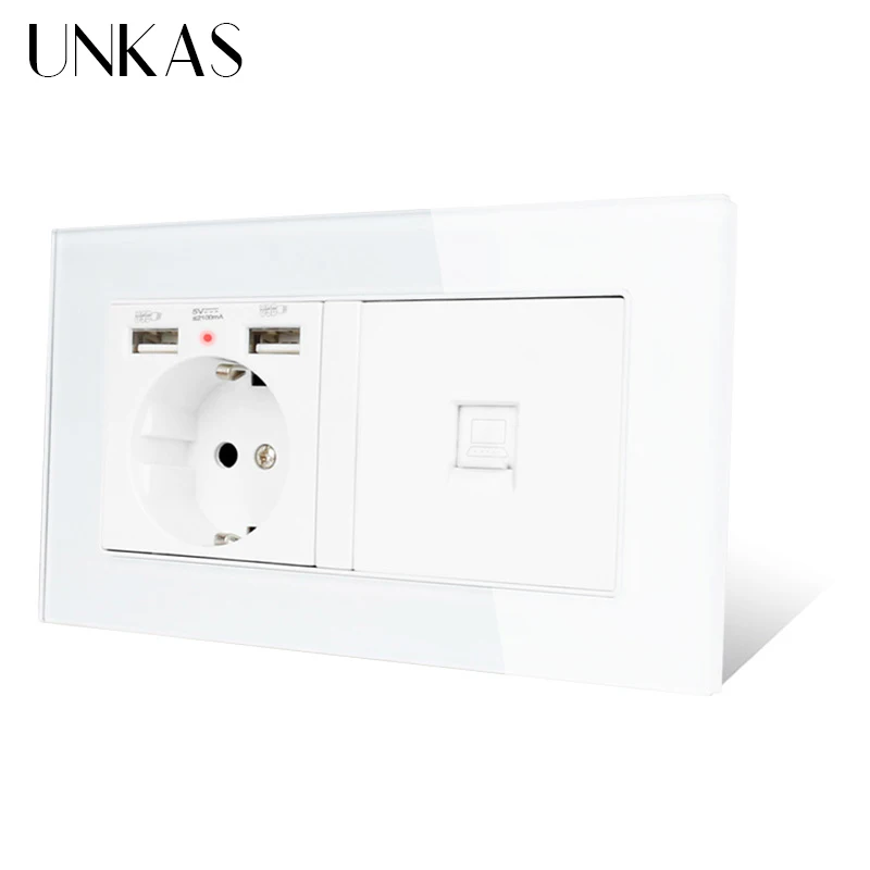 UNKAS роскошная стеклянная панель настенная розетка стандарта ес 2 USB порта для