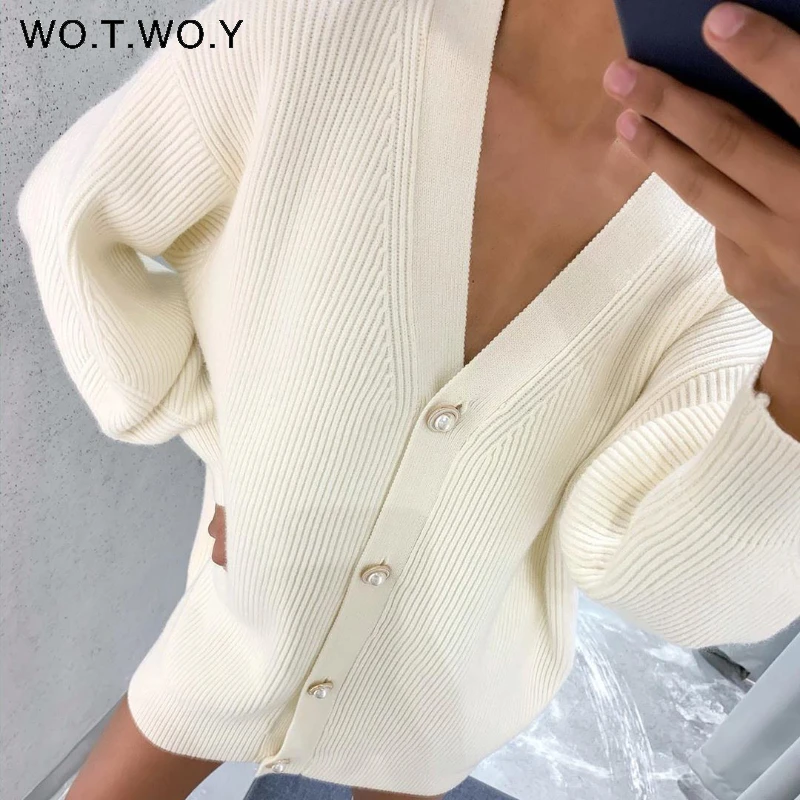 Женский вязаный кардиган с v-образным вырезом WOTWOY свободный белый на пуговицах