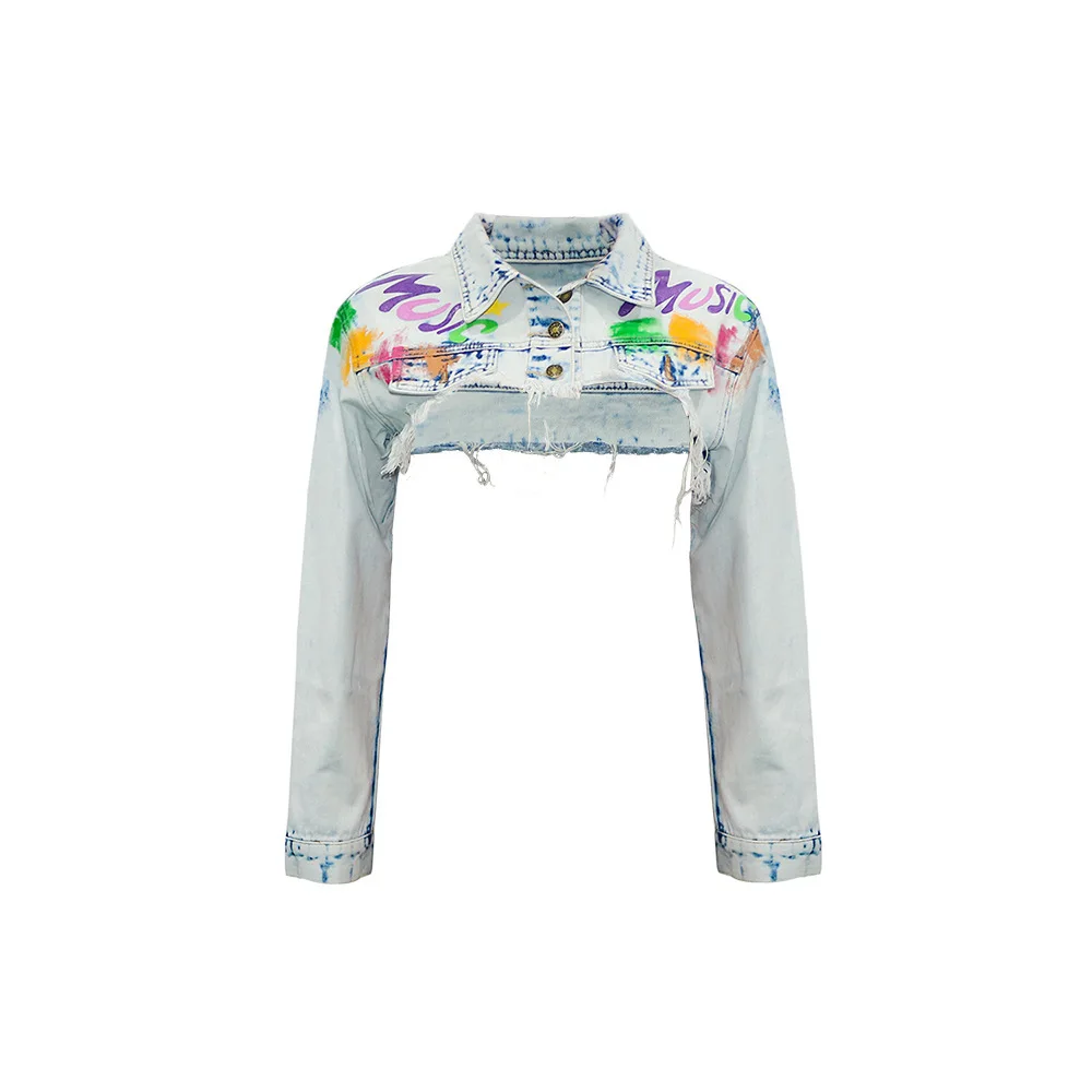 

Music Letter Print Women Cropped Jean Jacket Autumn Turn Down Collar Long Sleeve Denim Coat Streetwear Female Buttons Up Outwear