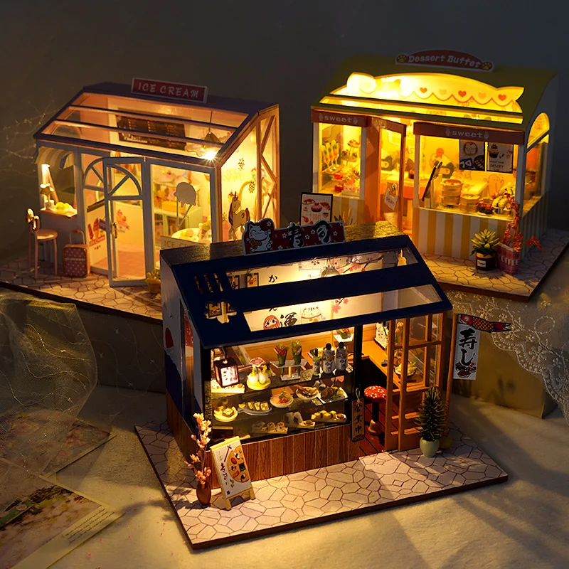 

DIY Wooden Dollhouse Assembled Sushi Dessert Shop Miniature With Furniture Doll House Casa Toys For Children Adult Gifts