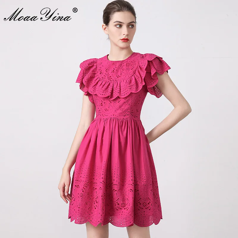 

MoaaYina Fashion Designer dress Spring Women Dress Ruffle Short sleeve Hollow out High waist Solid Dress