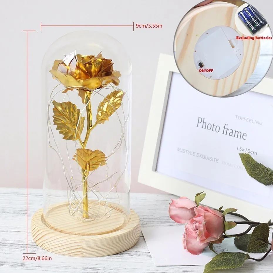 

Beauty And The Beast Red Rose In A Glass Dome On A Wooden Base For Valentine's Gifts LED Rose Lamps Christmas