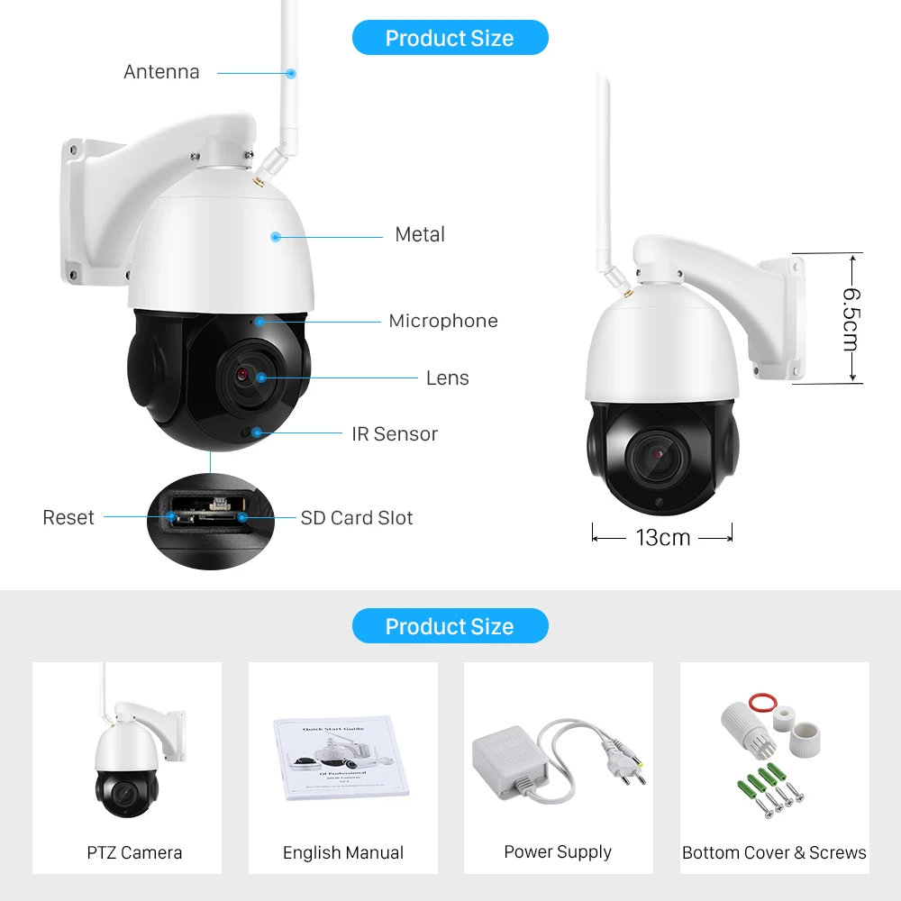 

5MP WiFi PTZ Camera Outdoor Ai Auto-Tracking 30X Optical Zoom CCTV Security Camera Wireless Audio 100M IR Night Vision IP Camera